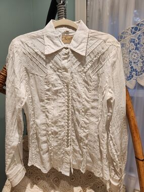 Scully White Ruffle-Trim Snap-Front BLOUSE Top  Shirt